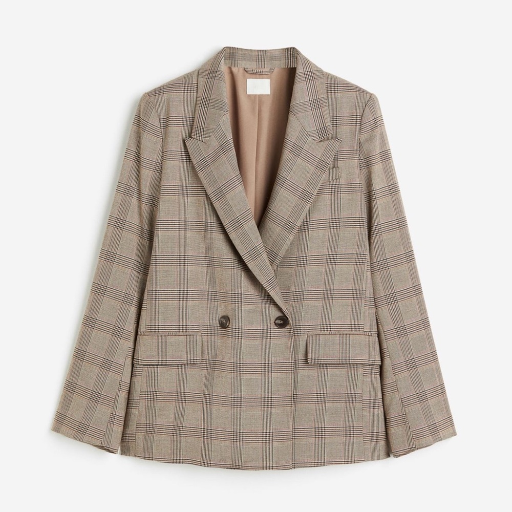H&M Plaid Double-Breasted Blazer in Beige and Brown